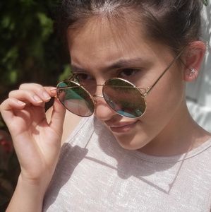 GOLD ROUND MIRRORED SUNGLASSES PINKISH LENS